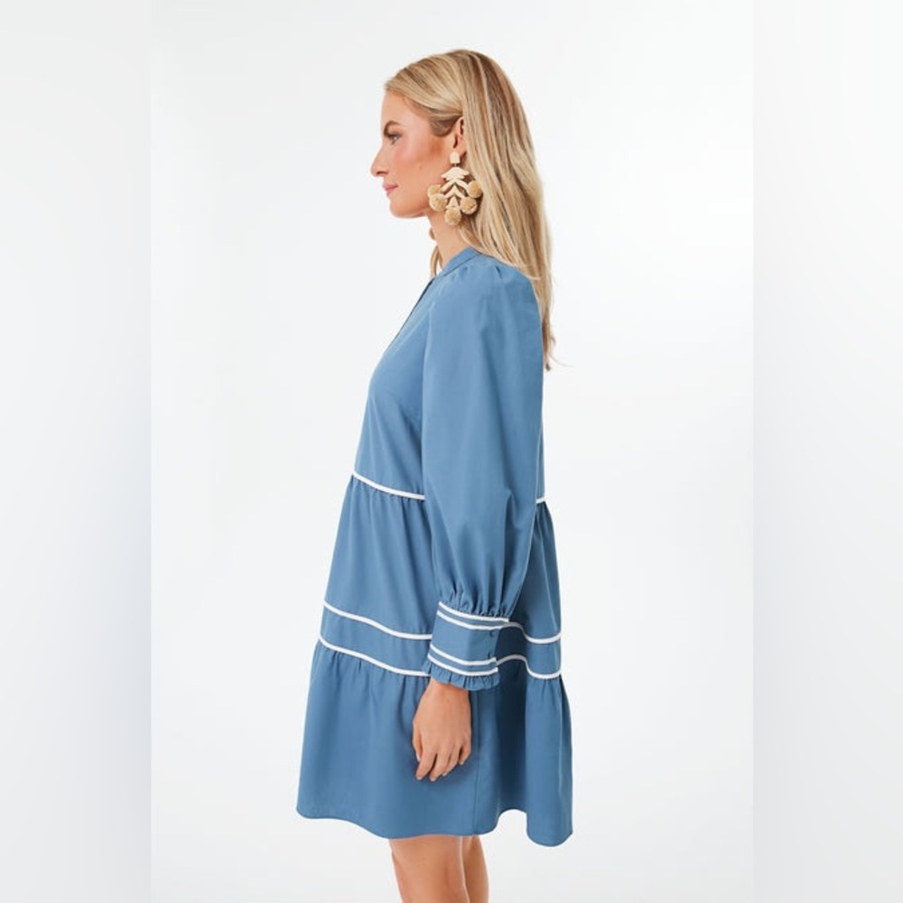 Pomander Place Blue Long Sleeve Tiered V-Neck Dress with White Trim - Picture 3 of 10